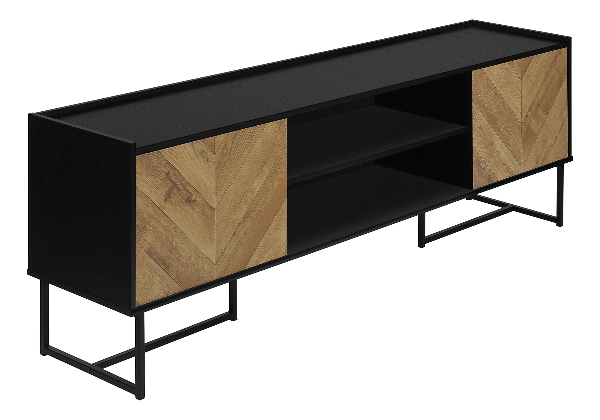 TV STAND - 72"L / BLACK  / METAL WITH 2 WOOD-LOOK DOORS 